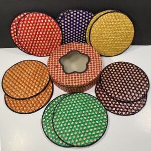 Coasters Set + Holder Drink Wicker Woven Boho Retro Table Bar Interpur Set of 12